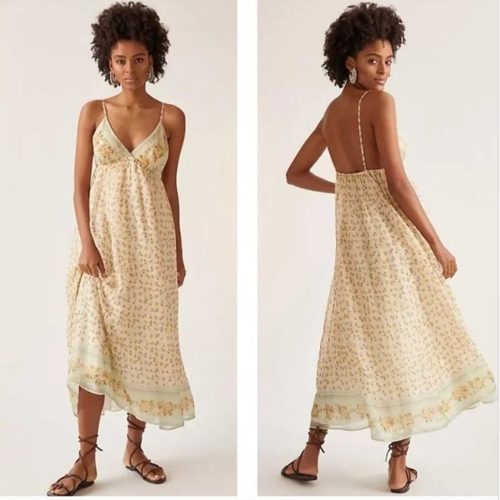LET ME BE Babydoll Midi Dress Cream Floral Boho Anthropologie Women's Size M NEW